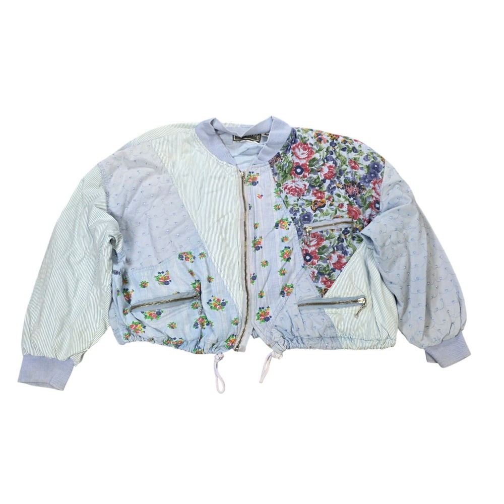 Vintage Karizma Patchwork Bomber Jacket Women's Size XL Blue Floral Stripe